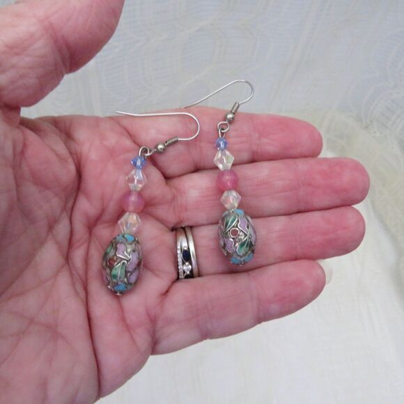 Handmade Dangle Earrings, Blue Cloisonne Bead, Crystal, Dressy Business Jewelry - Picture 2 of 7